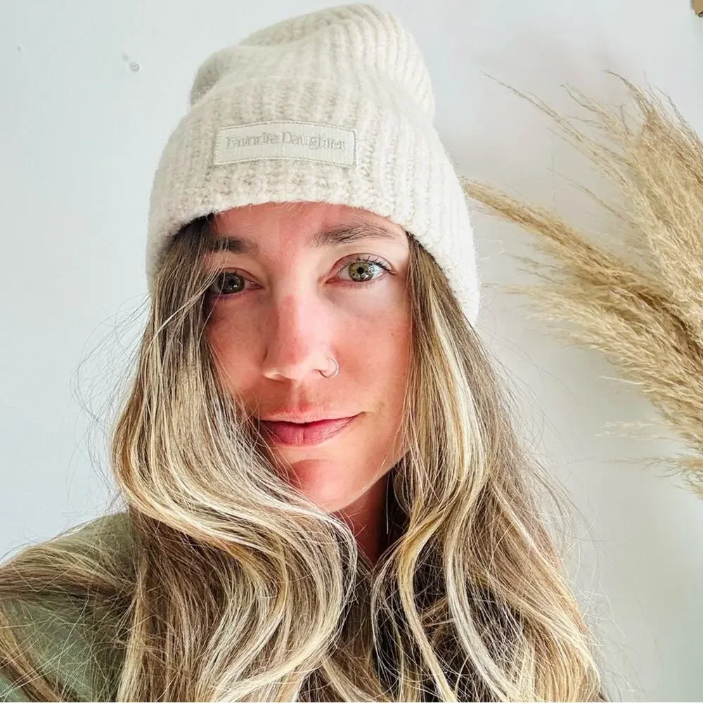 NEW FAVORITE DAUGHTER Cream Beige Tan Logo Ribbed Knit Cuff $78 Beanie Hat Cap